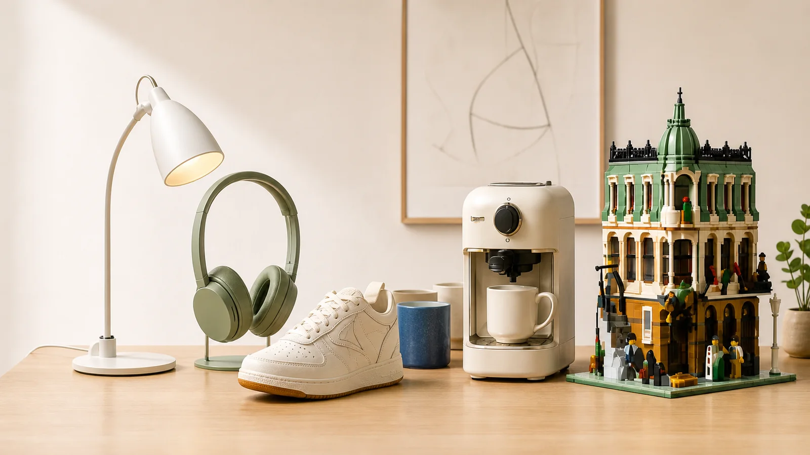A curated mix of a desk lamp, headphones, sneaker, coffee maker, and architectural building set